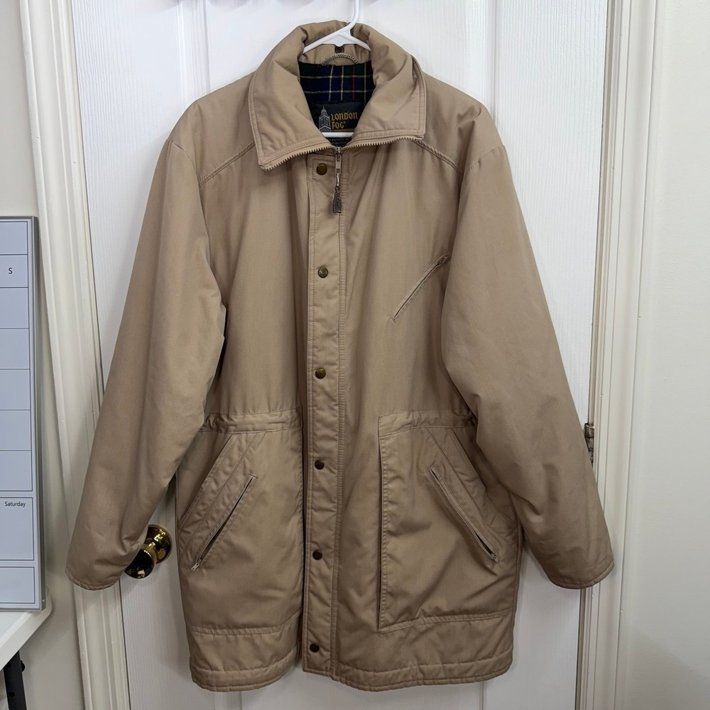 Vintage London Fog men's khaki tan flannel lined button zip utility coat pocket